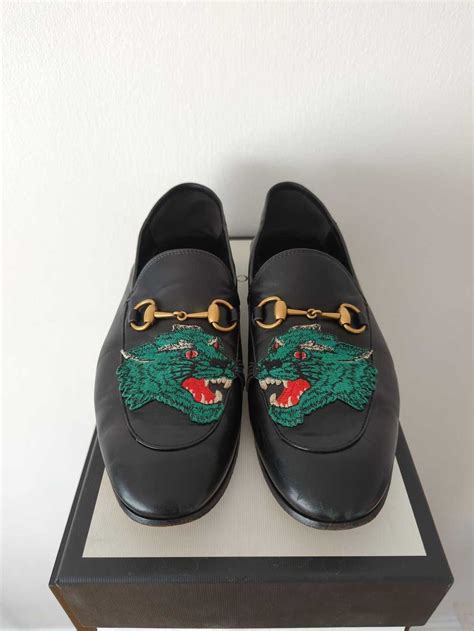 men's brown silk gucci round-toe smoking shoes with panther embroidery|Gucci toe bit loafers.